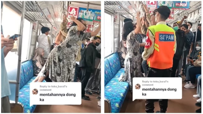 Emak-emak Gelantungan di Dalam KRL Karena Ingin Berolahraga