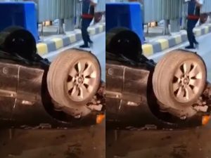 Mobil BMW Terbalik Dihantam Brio Saat Masuk Tol Becakayu