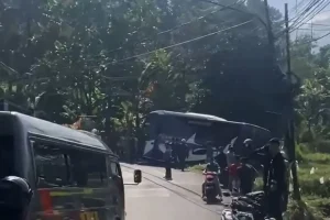 Bus Pariwisata Terperosok gegara Tak Kuat Nanjak di Puncak Bogor