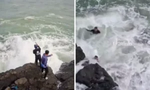 Viral Video Dua Pemancing Hanyut Tergulung Ombak Raksasa di Pantai Cikeueus